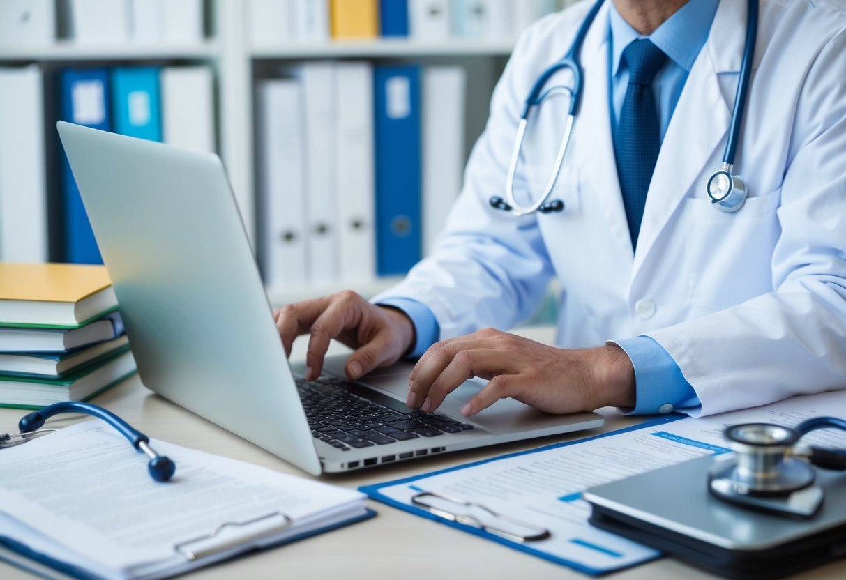 A doctor typing on a laptop surrounded by medical books and research papers. A stethoscope and medical equipment are on the desk