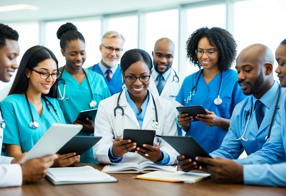 A diverse group of healthcare professionals reading and discussing engaging blog content