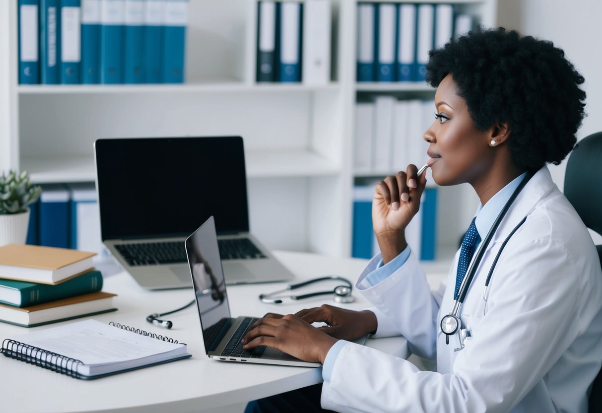 A doctor's office desk with a laptop, medical textbooks, and a stethoscope. A person typing on the computer with a thoughtful expression