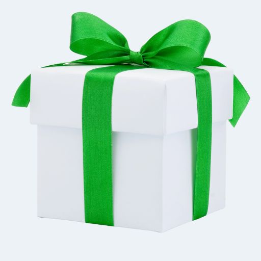 A white gift box wrapped with a green ribbon and bow.