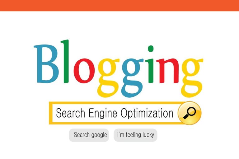 Colorful text "Blogging" with a search bar below containing the text "Search Engine Optimization." The design captures the blog's tone of voice. Two buttons below the search bar say: "Search Google" and "I'm Feeling Lucky," with a magnifying glass icon on the right.