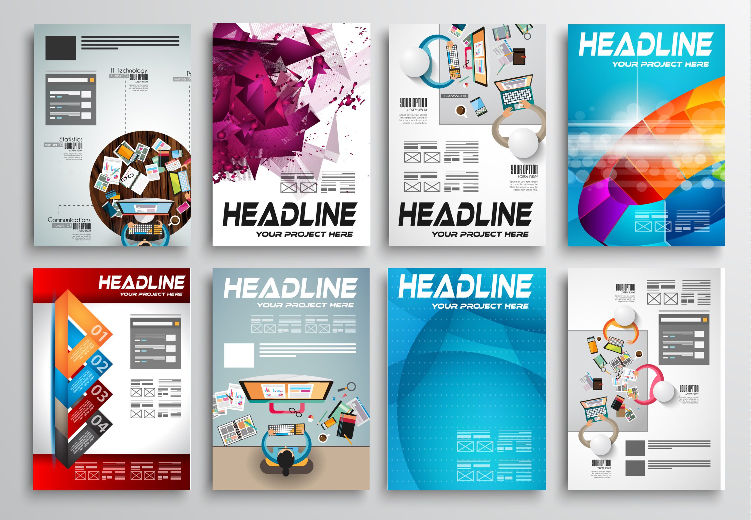 Collage of eight colorful business presentation templates featuring various design elements, headlines, and graphic illustrations.