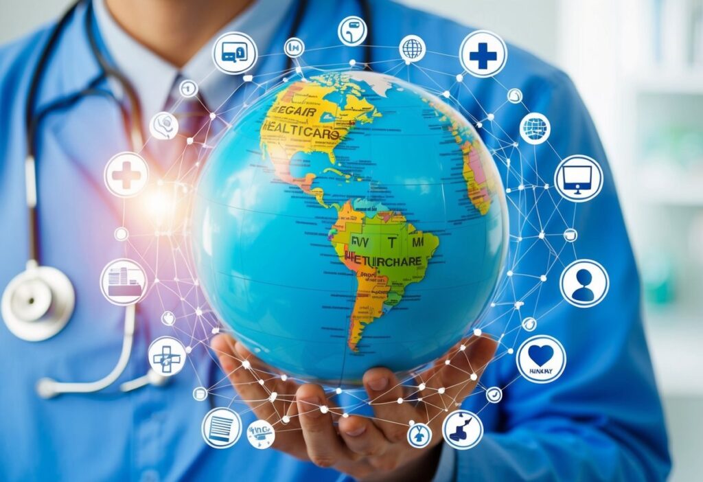 A medical professional holds a globe surrounded by health-related icons, symbolizing global healthcare connections and networks.