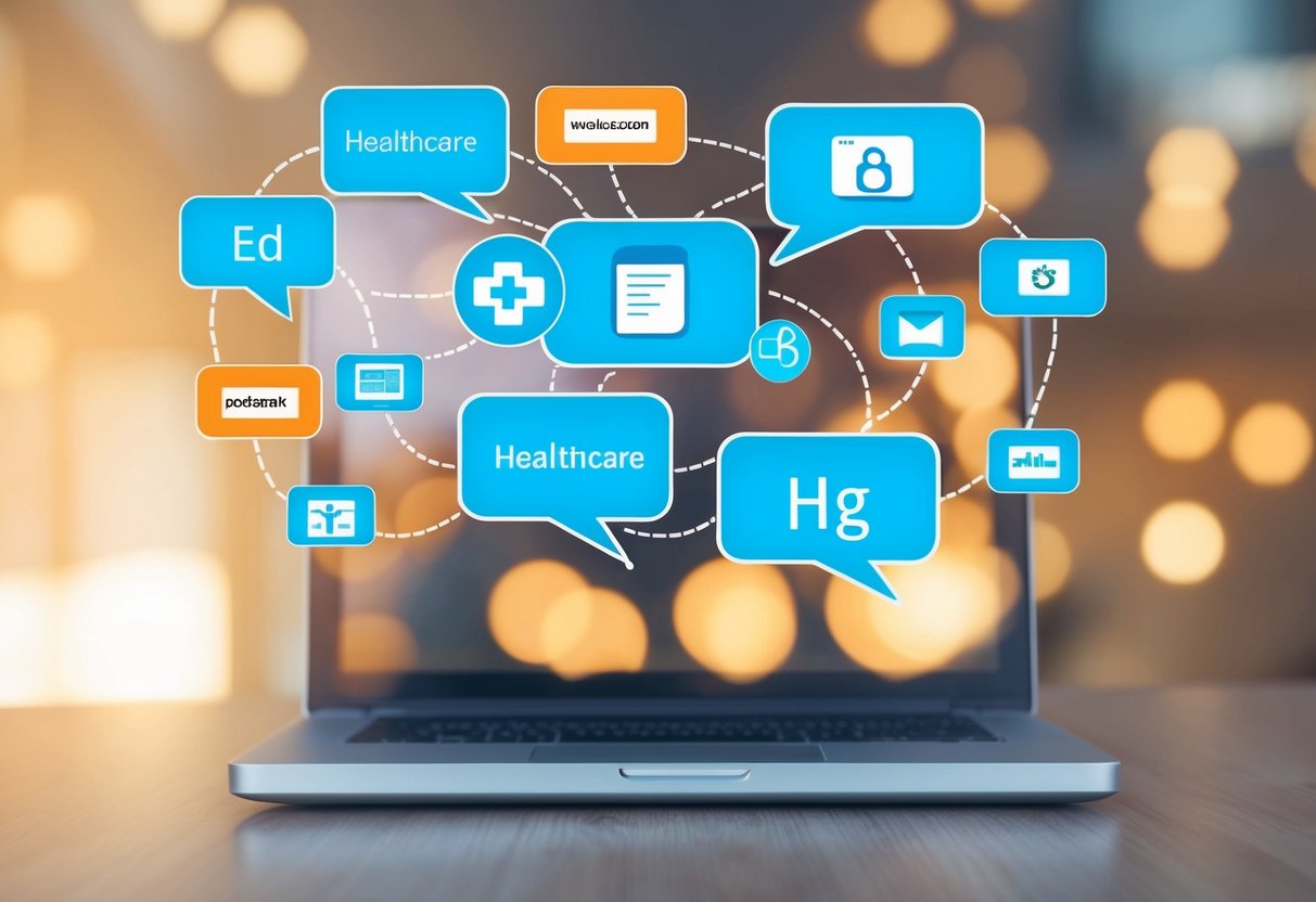 A laptop with various healthcare-related icons and symbols floating above representing connections and interactions in the digital health sector.