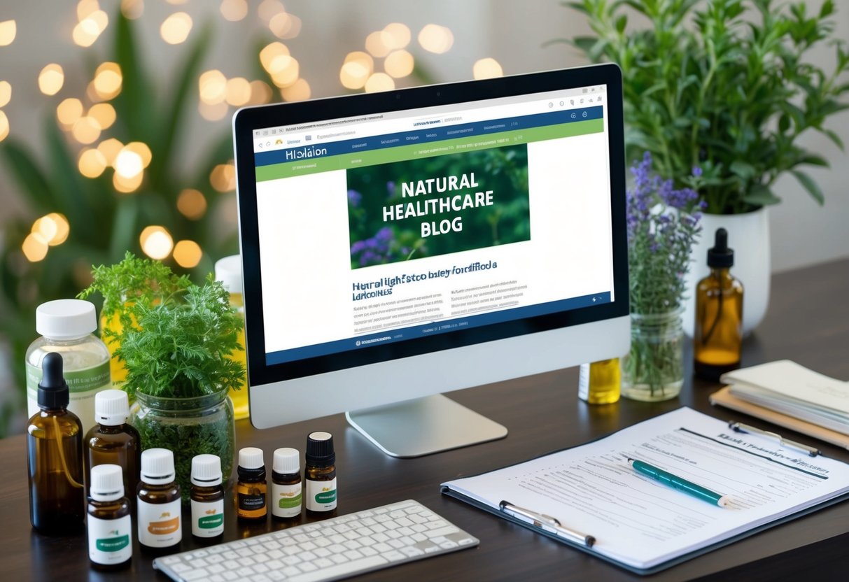 A computer displaying a natural healthcare blog, on a desk with essential oils, herbal plants, bottles, and a clipboard with papers.