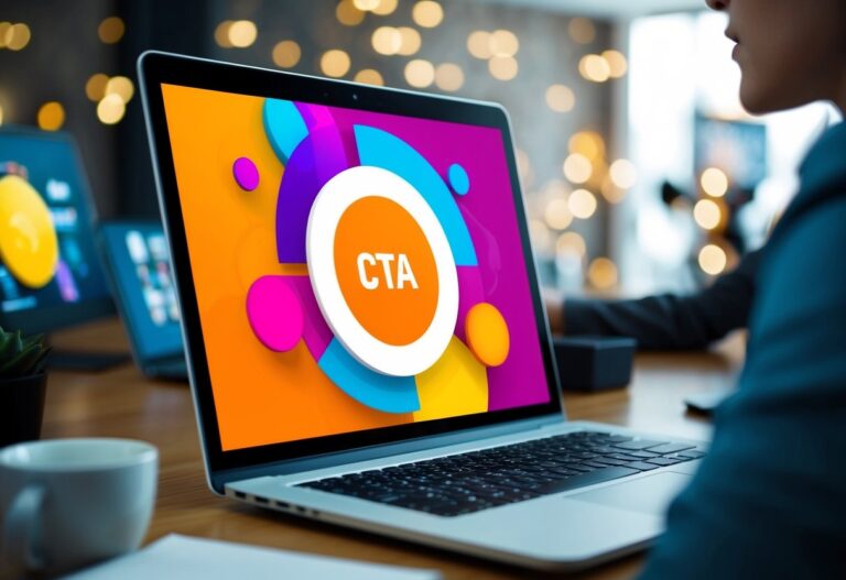 A laptop with a colorful screen displaying 'CTA' in large letters highlights the importance of CTAs. A person is seated in front of the laptop, immersed in their task. The blurred background sparkles softly with bokeh lights, adding a touch of magic to the scene.