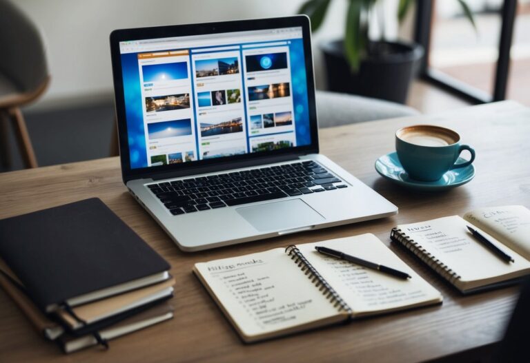 A laptop displaying a website, two notebooks with pens, a larger notebook, and a cup of coffee are arranged on a wooden table—perfect for finding images for your blog.