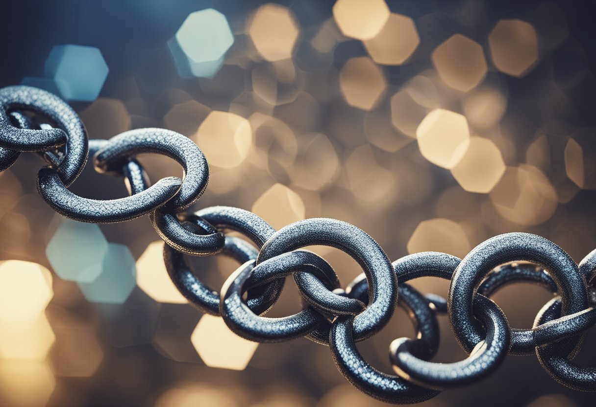 Close-up of a metal chain with interlocking links, set against a background of blurred, illuminated hexagonal shapes creating a bokeh effect, highlighting the importance of internal links in structure and connectivity.