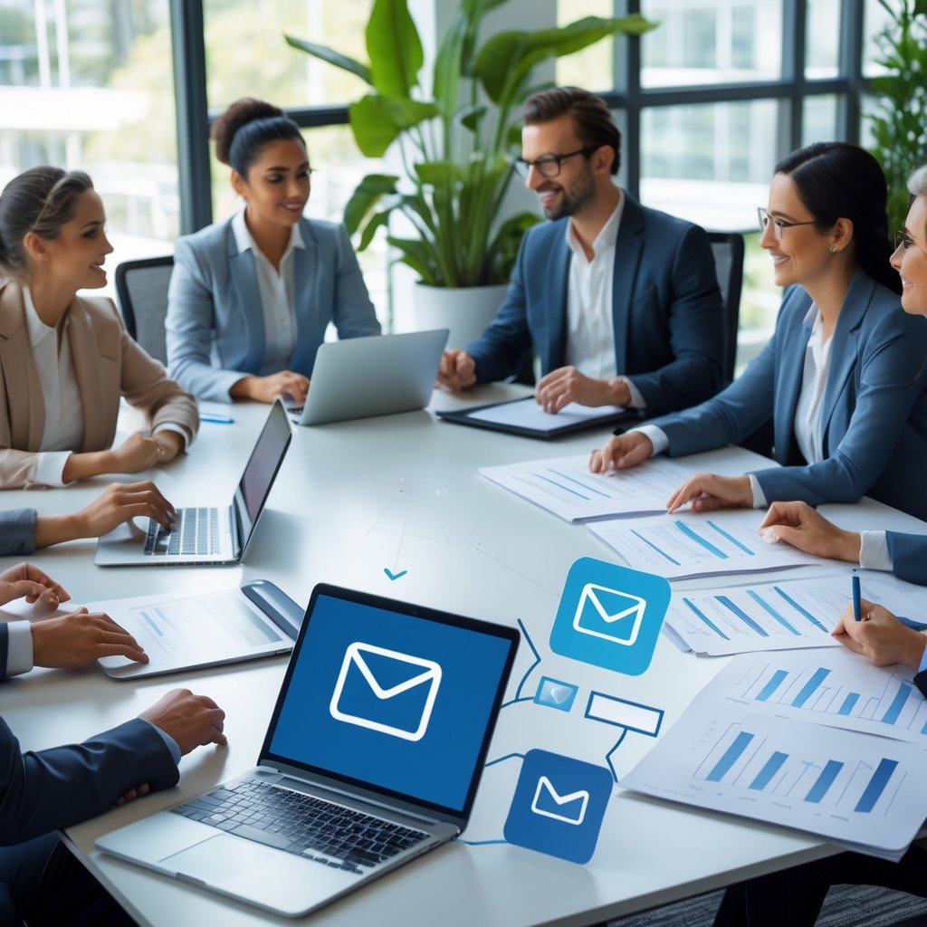 A group of holistic practitioners working together around a conference table with laptops and documents, discussing compliance and ethical email practices.