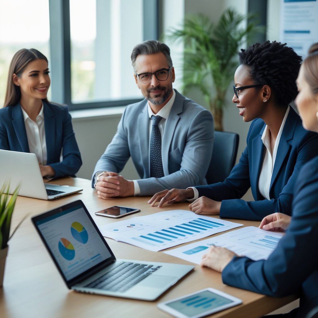 A diverse group of professionals discussing legal compliance and ethical email practices around a conference table with laptops and documents in a bright office.