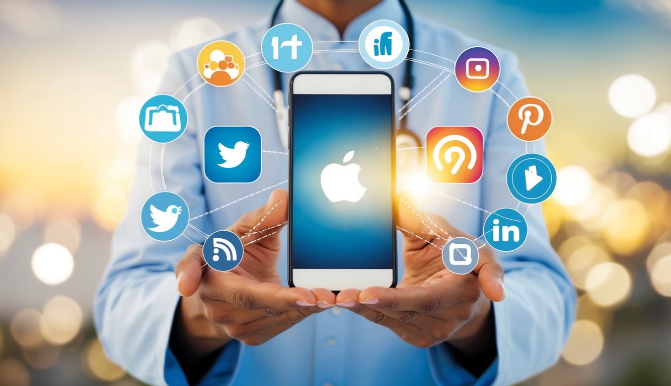 A holistic practitioner's hands holding a smartphone, surrounded by various social media icons and symbols representing connection and communication