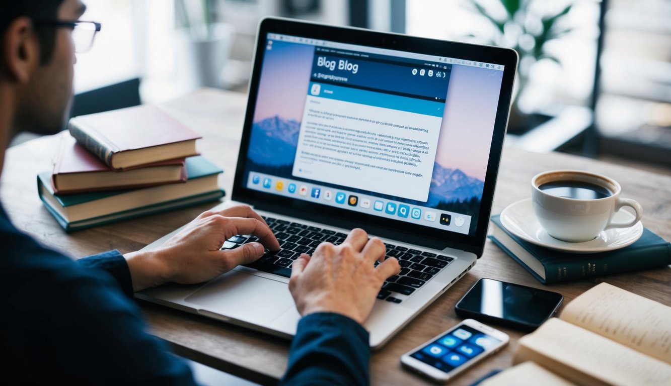 A person typing on a laptop, surrounded by books and a cup of coffee. A blog post is displayed on the screen, with various social media icons nearby