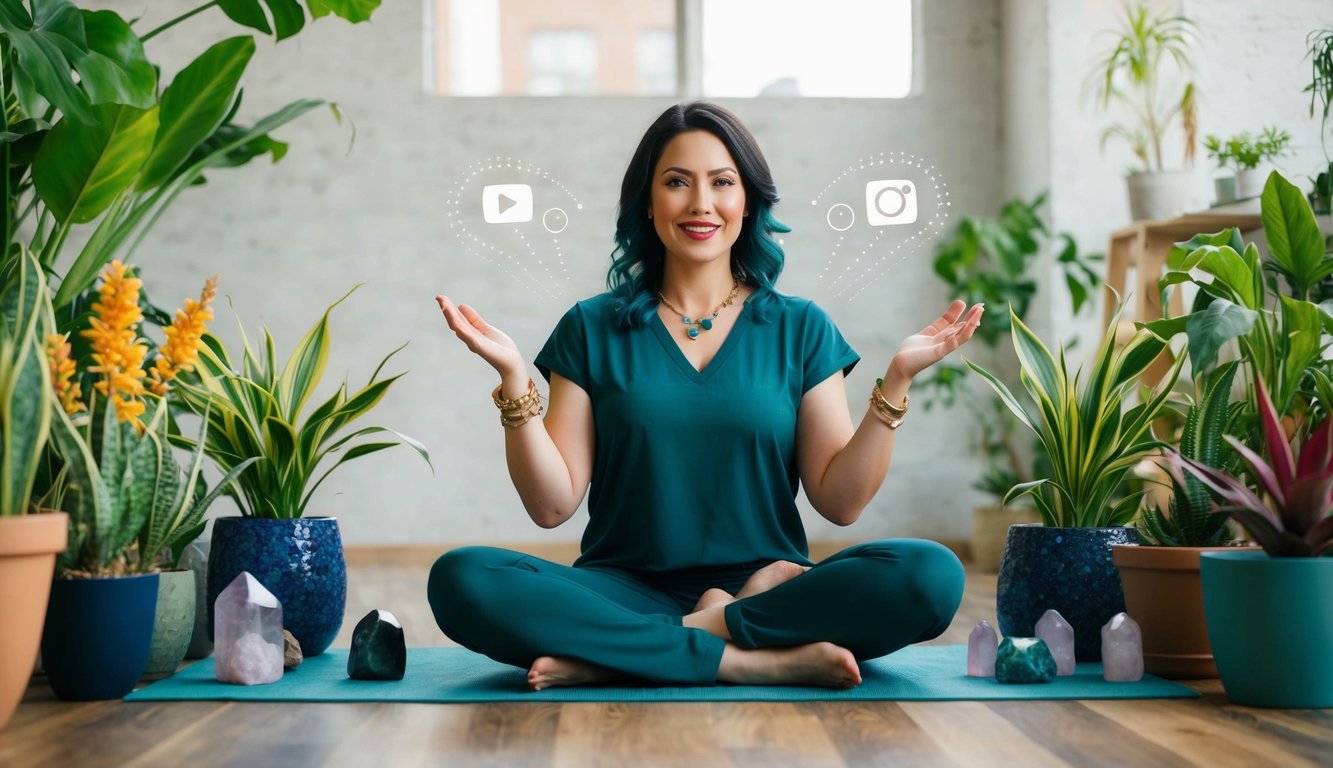 A holistic practitioner sits cross-legged, surrounded by vibrant plants and crystals, as they engage with clients through social media, radiating a sense of connection and trust