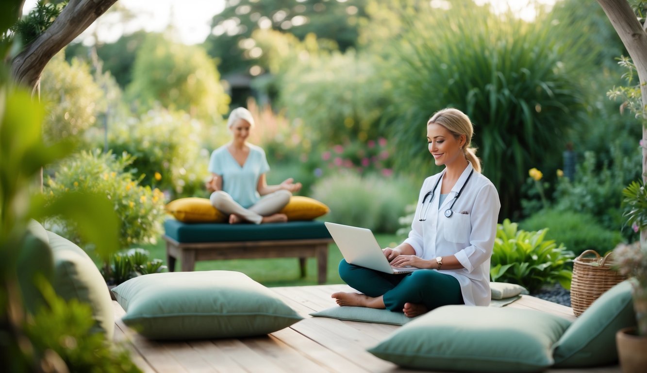 A serene and natural setting, with a peaceful garden or outdoor space, where holistic practitioners engage with clients through social media platforms