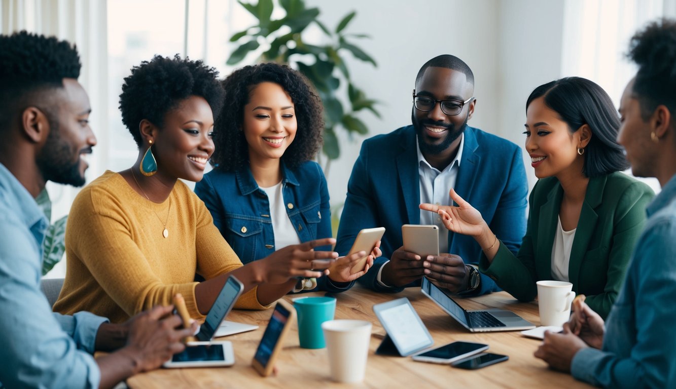 A group of diverse individuals engage in conversation and share information on various social media platforms, fostering connections and building a supportive holistic health community