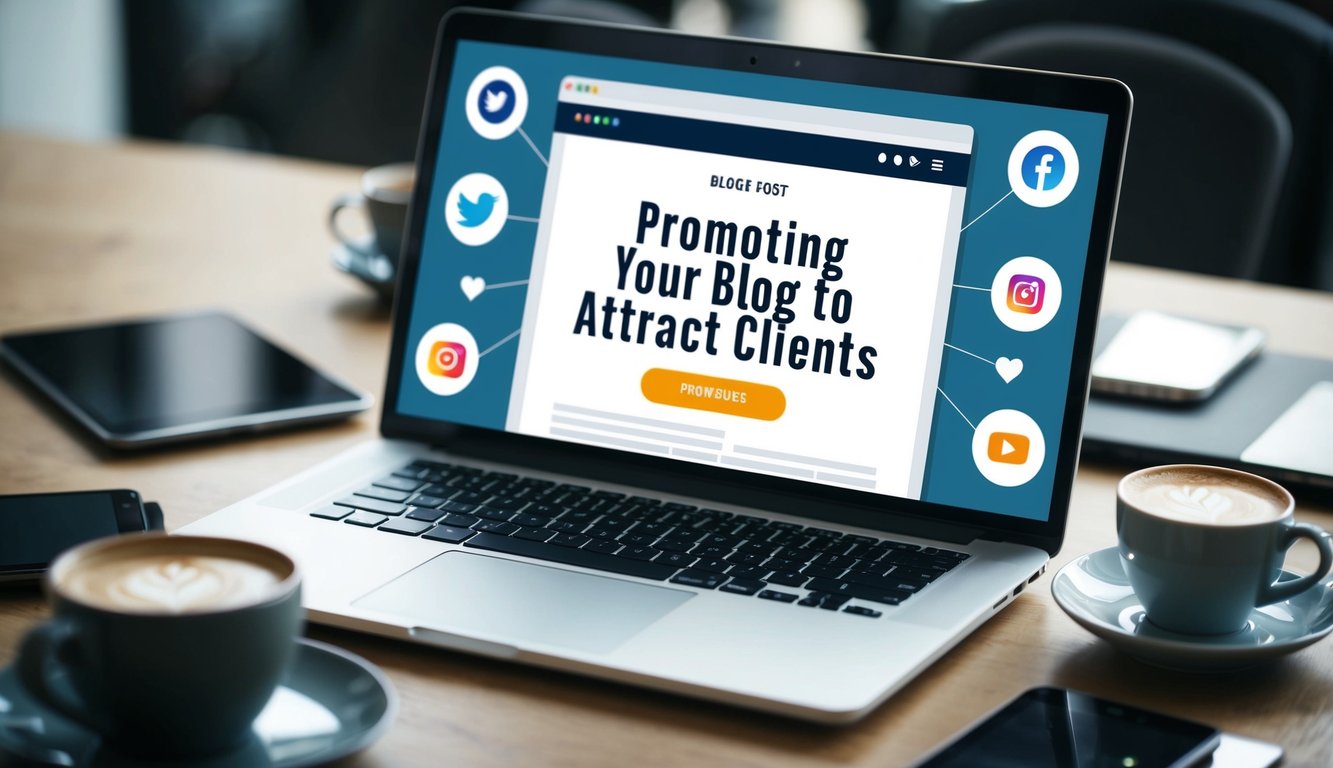 A laptop with a blog post titled "Promoting Your Blog To Attract Clients" displayed on the screen, surrounded by various social media icons and a cup of coffee