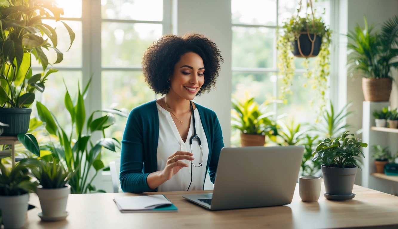 A holistic practitioner sitting in a serene, nature-inspired office, surrounded by plants and natural light, engaging with clients via social media on a laptop