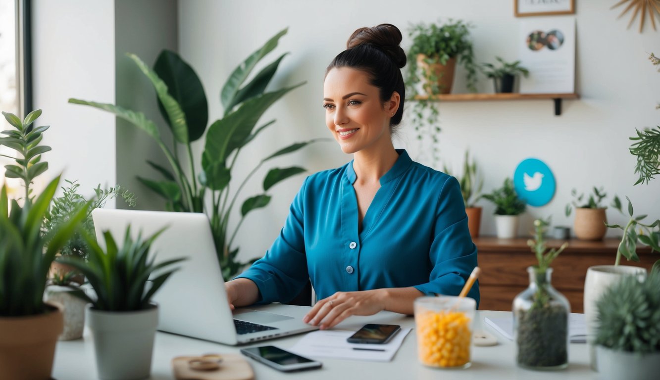 A holistic practitioner sitting at a desk, surrounded by plants and natural elements, engaging with clients on various social media platforms