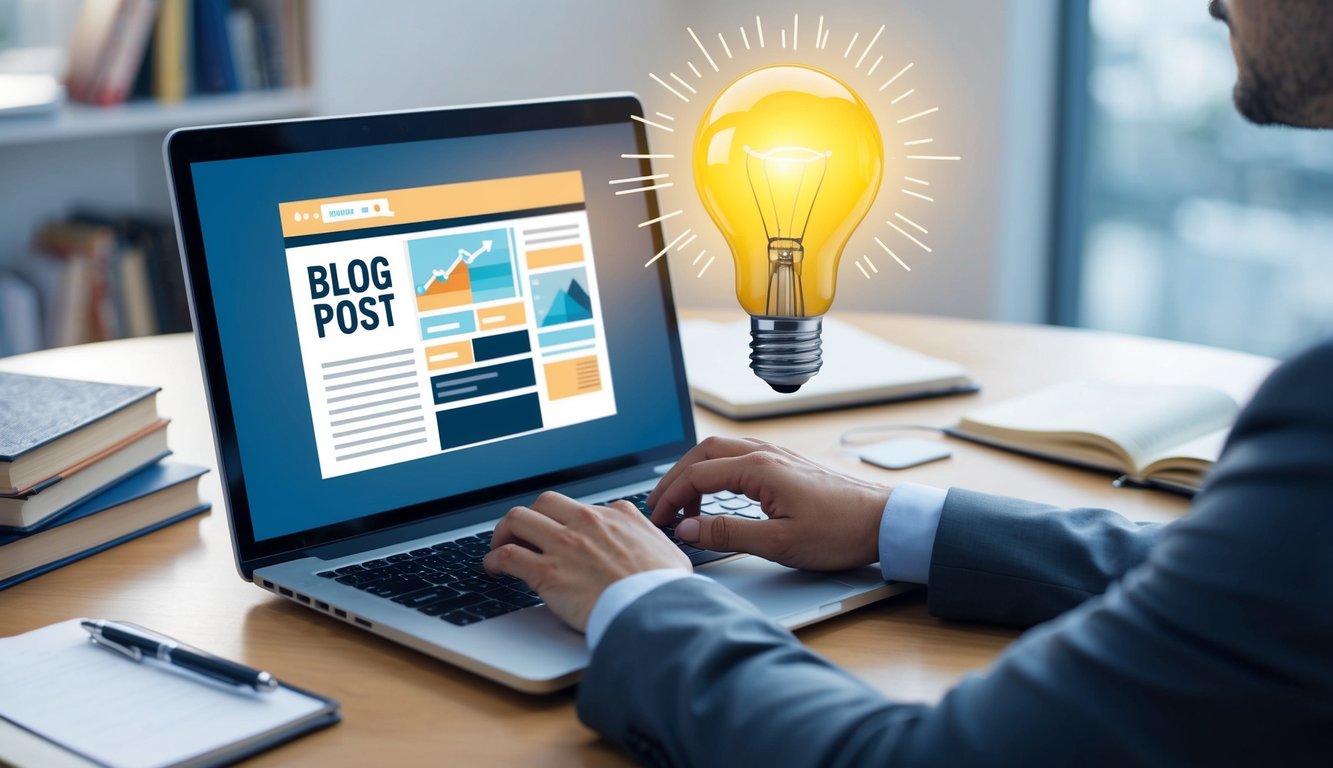 A person typing on a laptop with a blog post displayed on the screen, surrounded by books and notes. A lightbulb symbolizing expertise and attracting clients hovers above the laptop