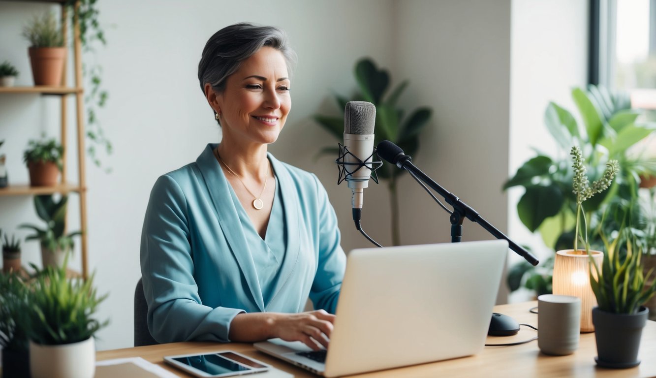 A holistic practitioner sits at a desk with a microphone and laptop, surrounded by plants and natural elements. A peaceful and inviting atmosphere is created by soft lighting and calming decor