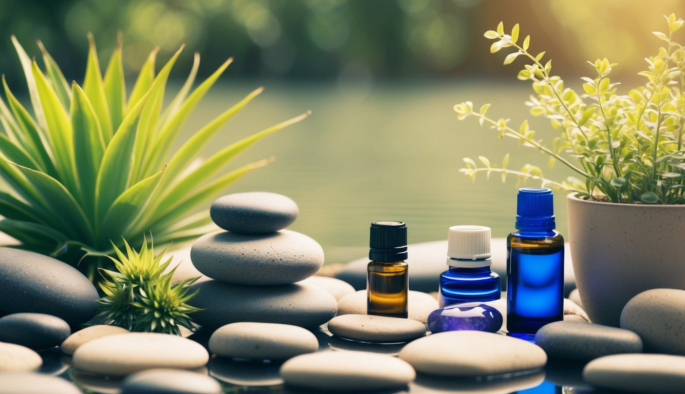 A serene setting with natural elements like plants, stones, and water, with a calming color palette, and symbols of holistic practices such as yoga mats or essential oils