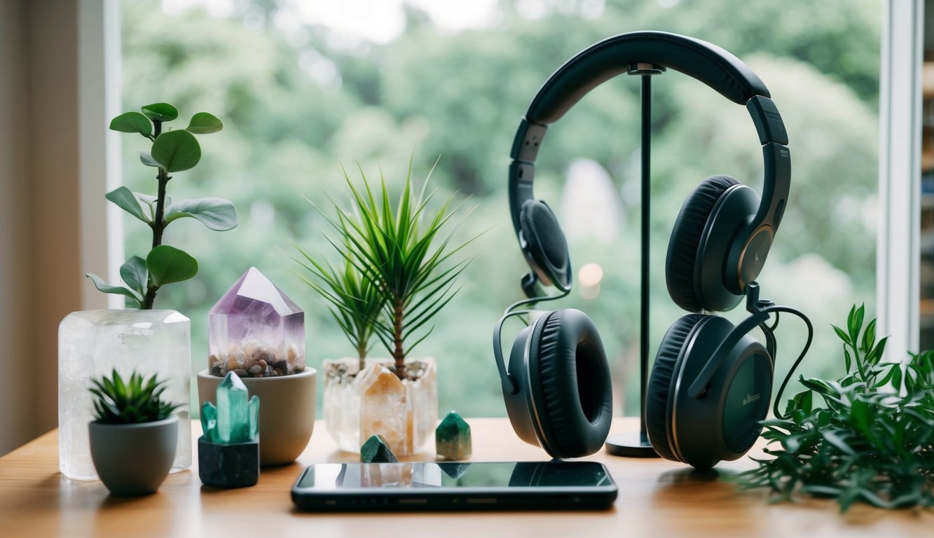 A serene setting with a microphone and headphones surrounded by natural elements like plants and crystals, showcasing the peaceful and knowledgeable atmosphere of holistic podcasting