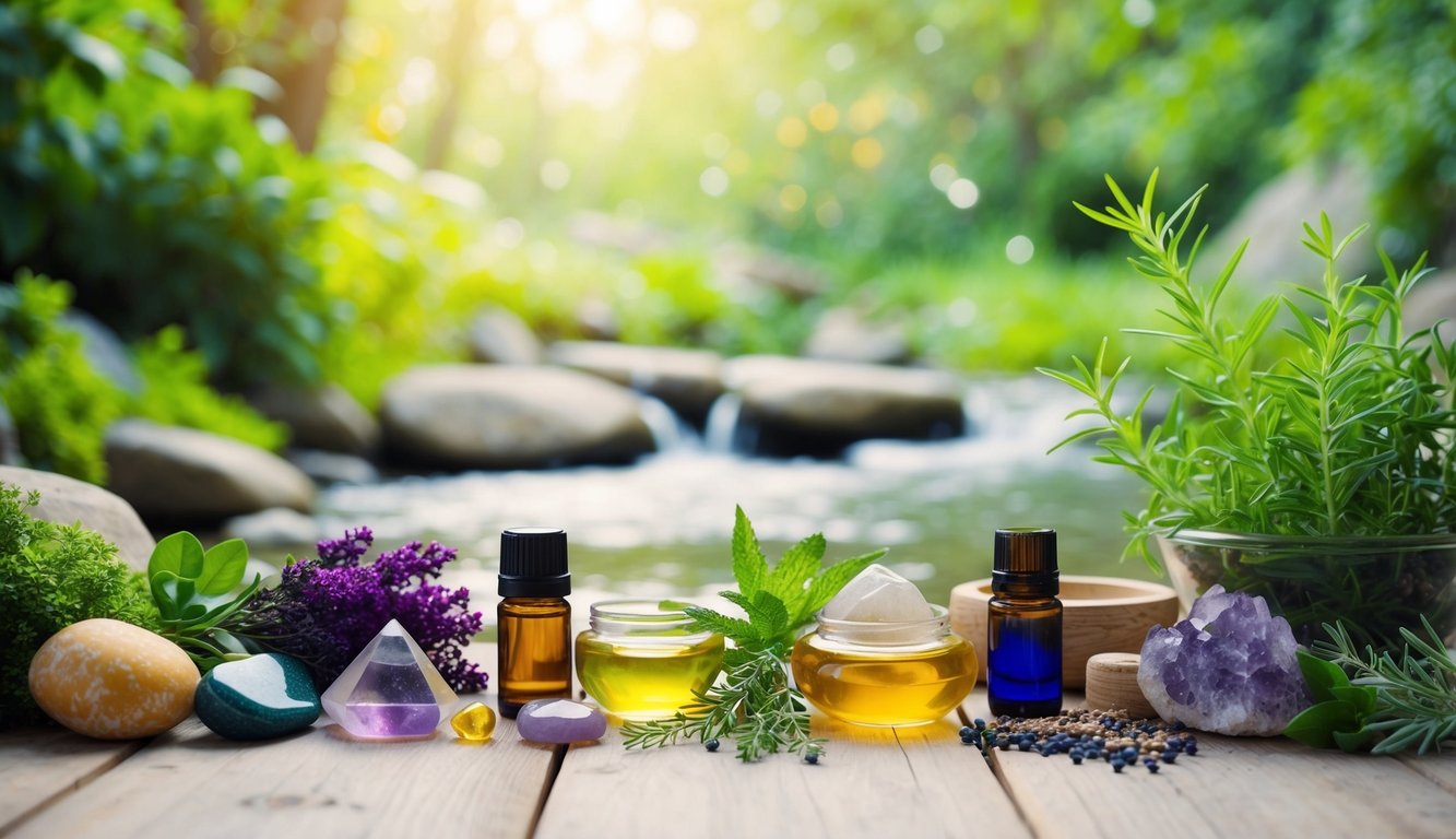 A serene, nature-inspired setting with a peaceful stream, lush greenery, and a variety of holistic elements such as crystals, herbs, and essential oils