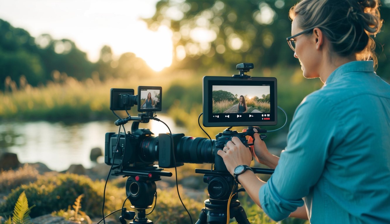 A holistic practitioner creating a video, surrounded by natural elements, filming equipment, and engaging with an audience through visual content