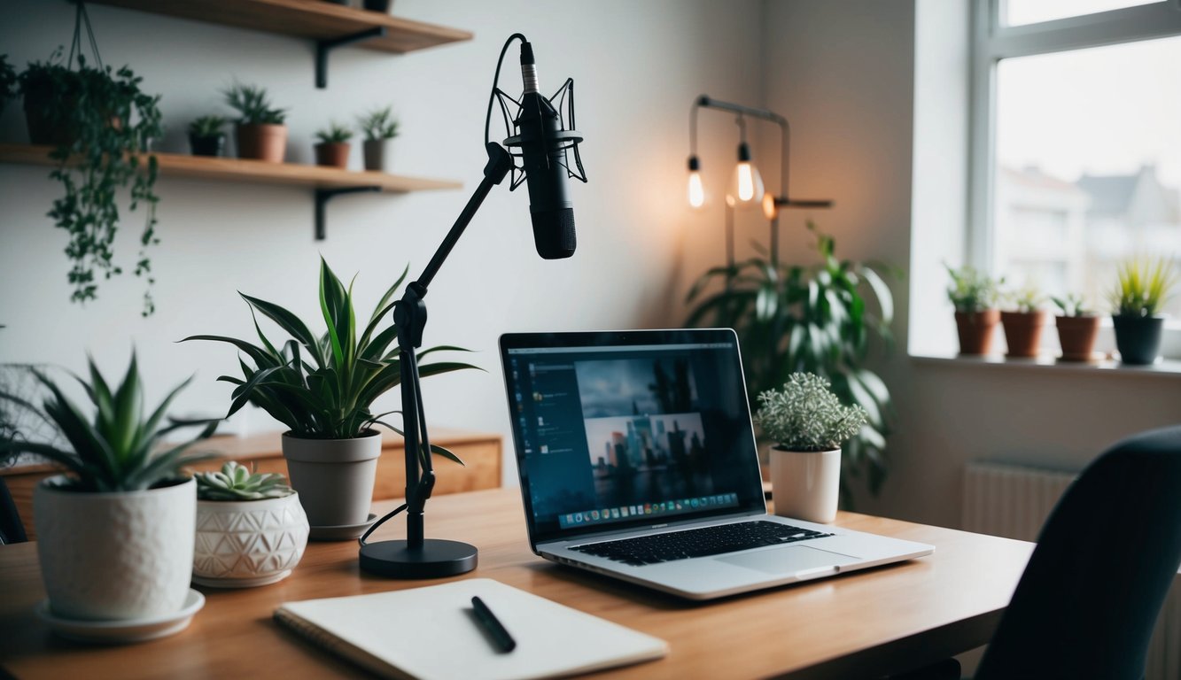 A cozy home office with a desk, microphone, and laptop. Plants and holistic healing decor create a calming atmosphere