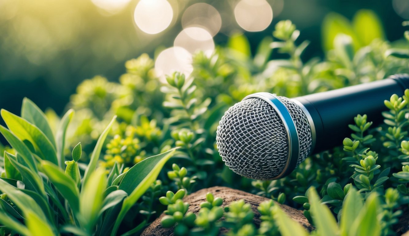 A microphone surrounded by greenery and natural elements, symbolizing the holistic approach of practitioners sharing their knowledge through podcasting