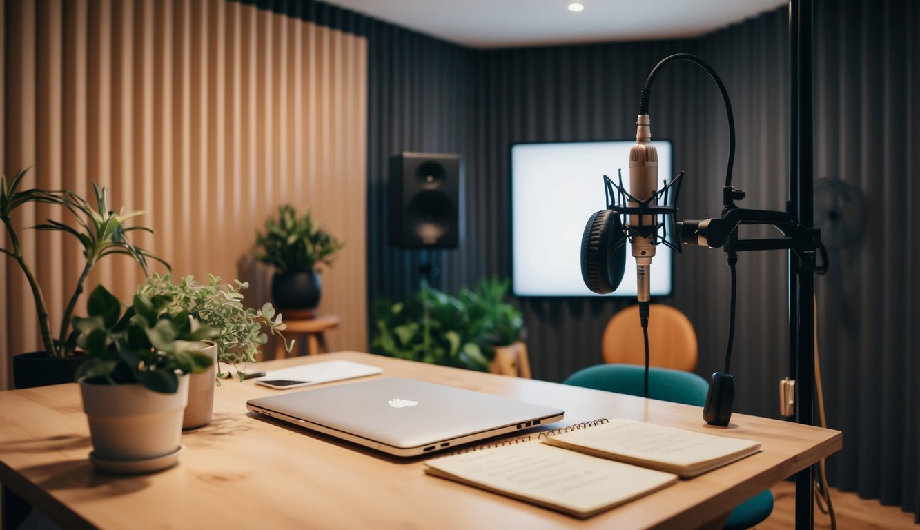 A cozy recording studio with soundproof walls, microphone, and headphones. A desk with a laptop and notes on holistic practices. Plants and soft lighting create a peaceful atmosphere