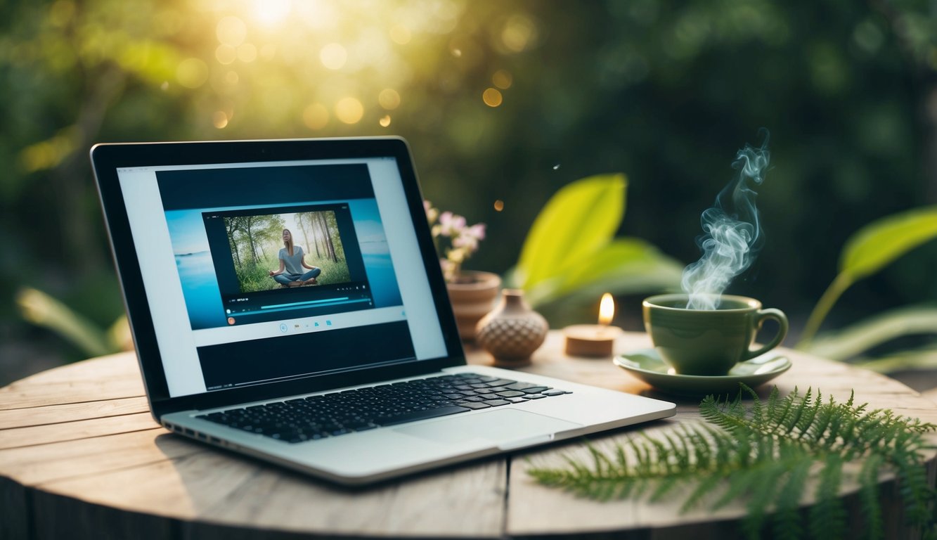 A serene, nature-inspired setting with a laptop or tablet displaying a captivating video. A peaceful atmosphere, with elements of holistic healing present