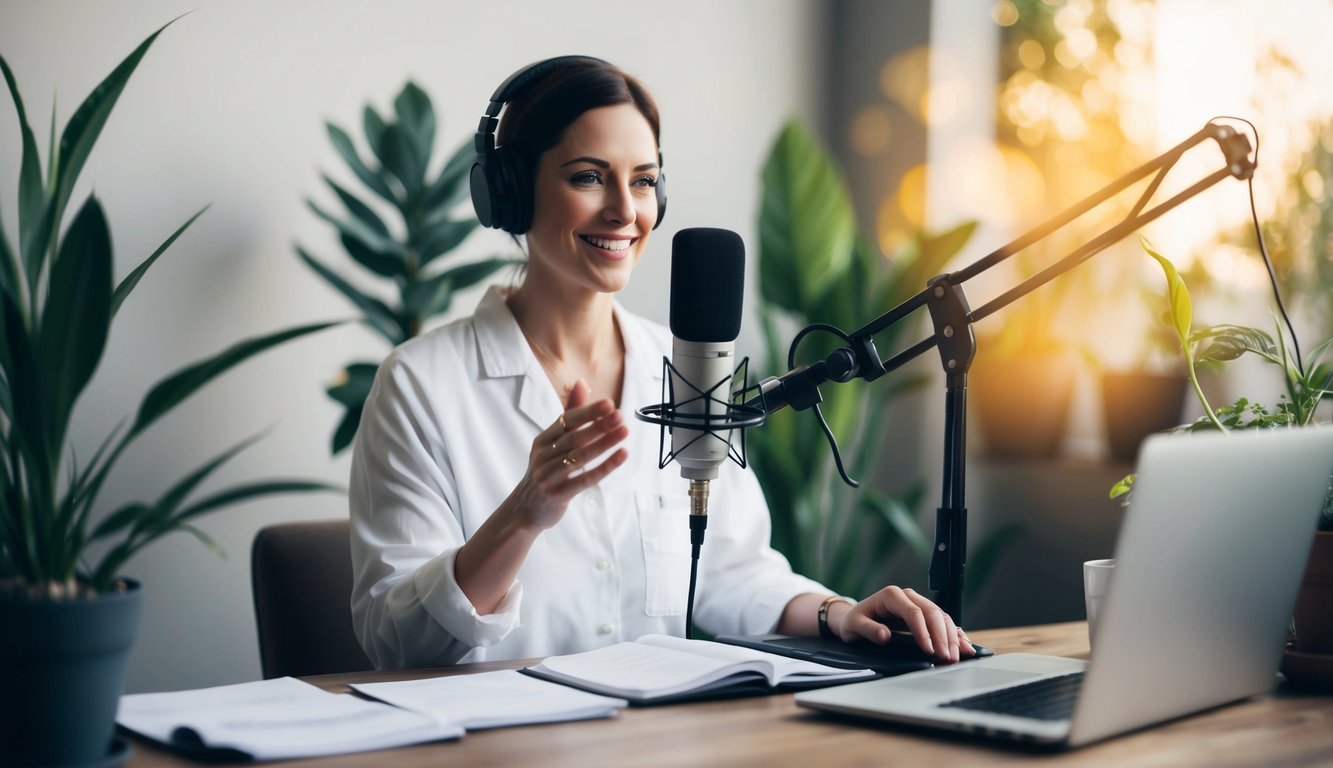 A holistic practitioner sits behind a microphone, surrounded by plants and natural elements, recording a podcast episode. A laptop and notes are spread out on the table in front of them