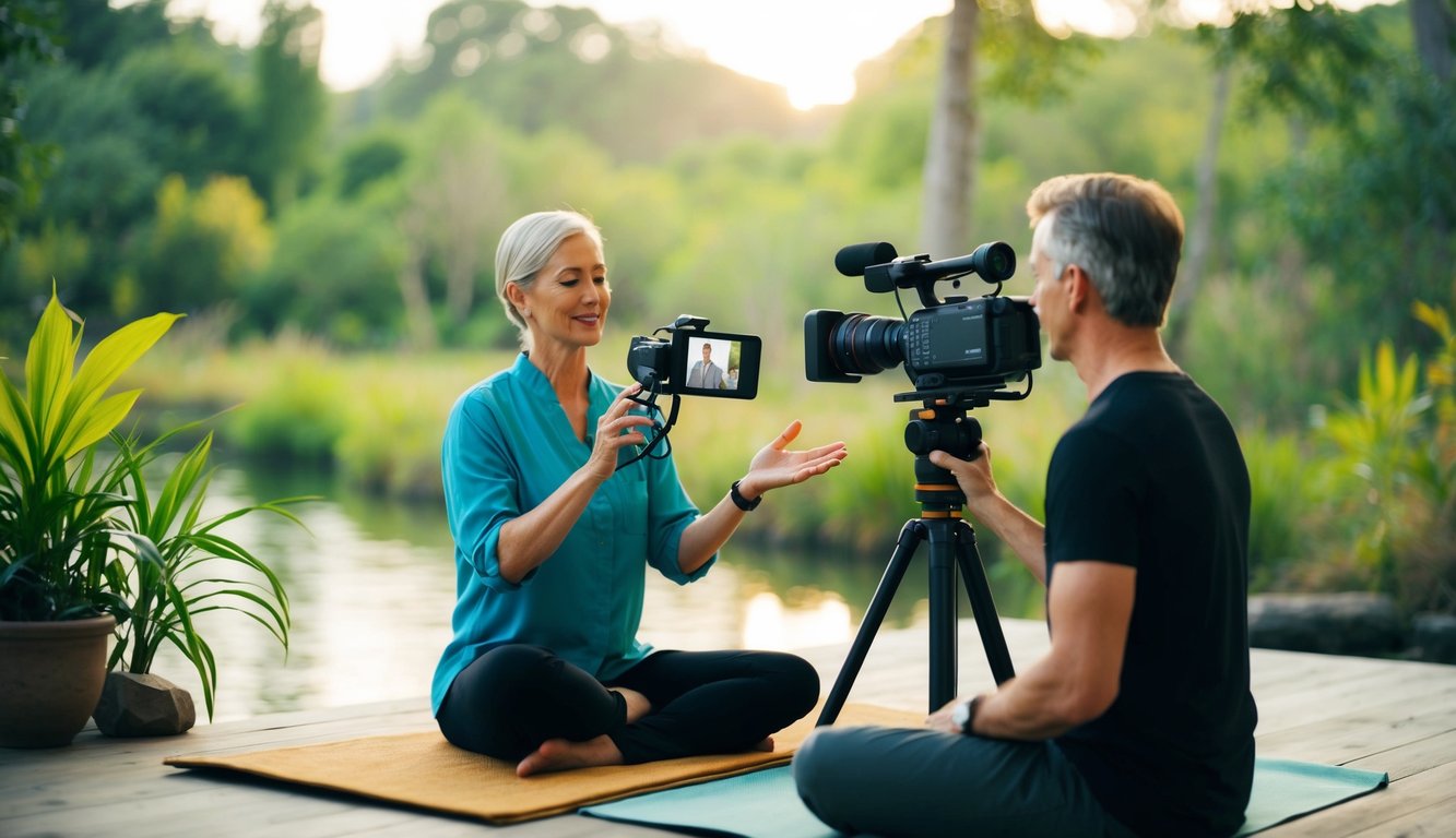 A serene nature-filled setting with a video camera recording a holistic practitioner creating engaging visual content for their audience