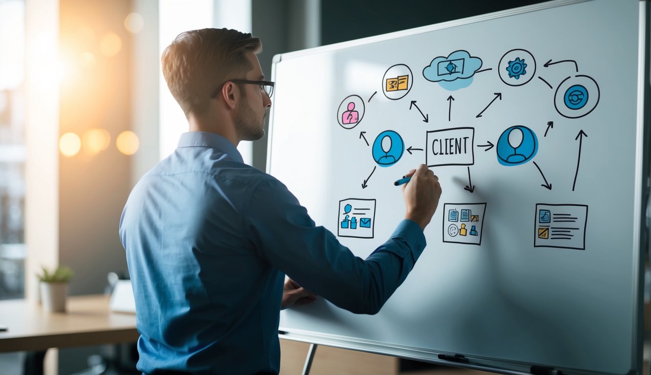 A person standing at a whiteboard, drawing a flowchart and brainstorming ideas with various icons and symbols representing different client concerns