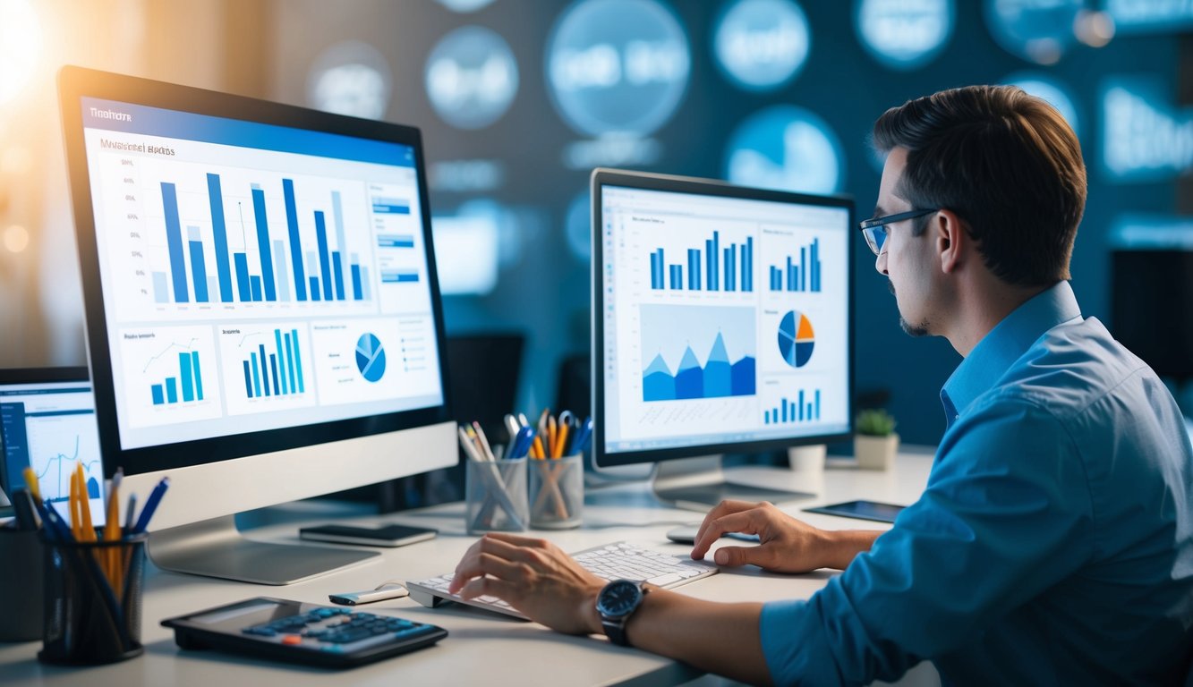 A person analyzing graphs and charts on a computer screen, surrounded by various data analysis tools and techniques