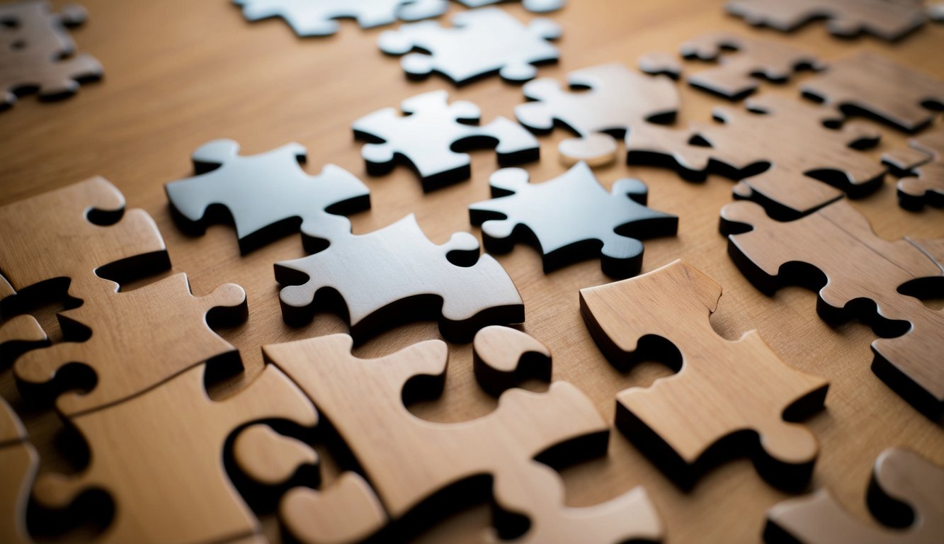 A group of puzzle pieces coming together to form a cohesive and complete picture, representing the process of content planning to address client concerns effectively