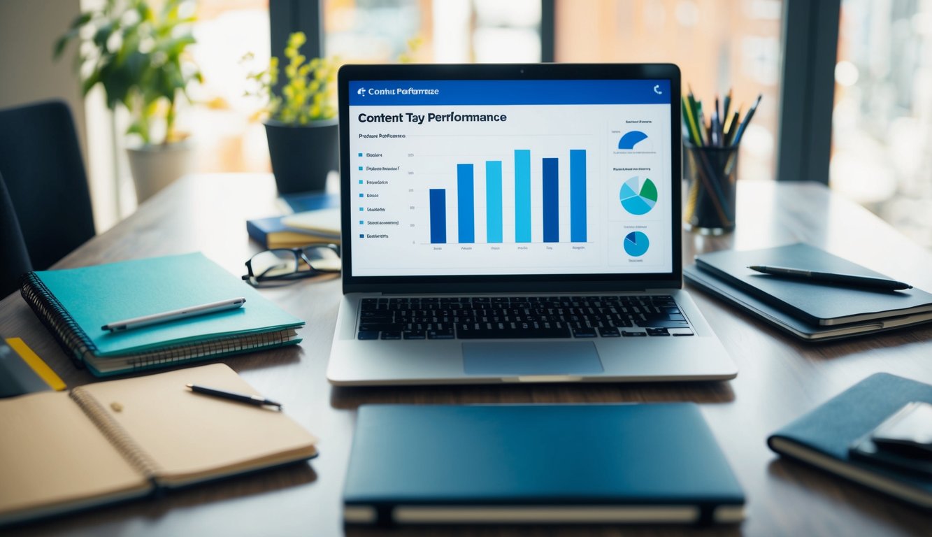A desk with a laptop, notebook, and various analytics tools spread out. A graph showing content performance is displayed on the laptop screen