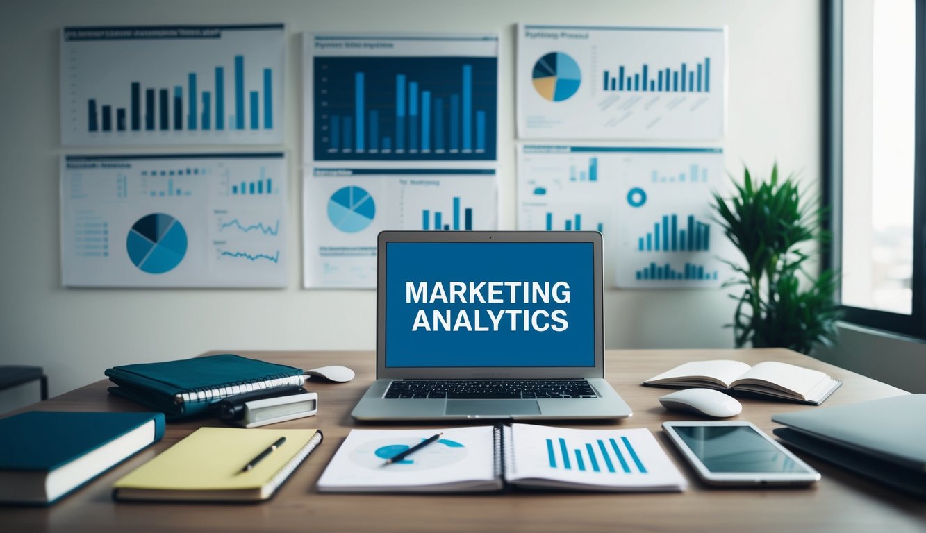 A desk with a laptop, notebook, and various marketing analytics tools spread out, surrounded by charts and graphs on the wall