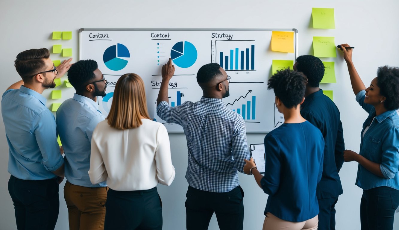 A group of diverse individuals brainstorming and planning content strategy on a whiteboard with charts, graphs, and sticky notes