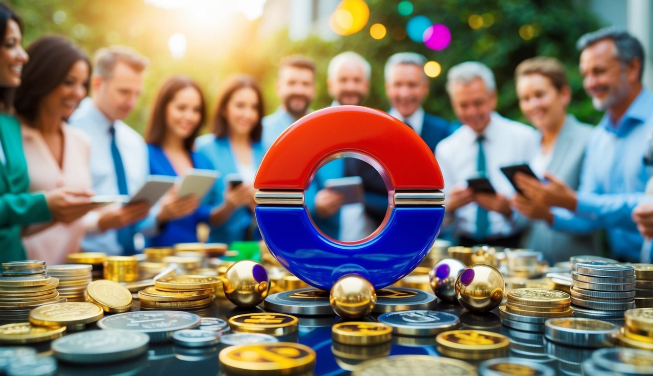 A vibrant, magnet-shaped object surrounded by various valuable items and symbols, drawing in a diverse group of clients