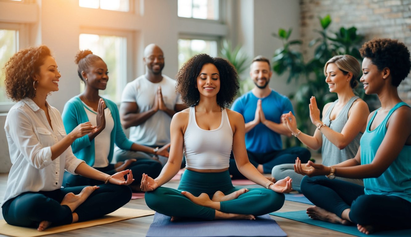 A group of diverse people engaging in holistic practices, such as yoga, meditation, and herbal medicine, while exchanging contact information