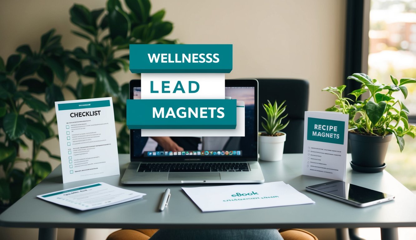 A wellness entrepreneur creating lead magnets: a checklist, ebook, and recipe card laid out on a desk with a laptop and potted plant