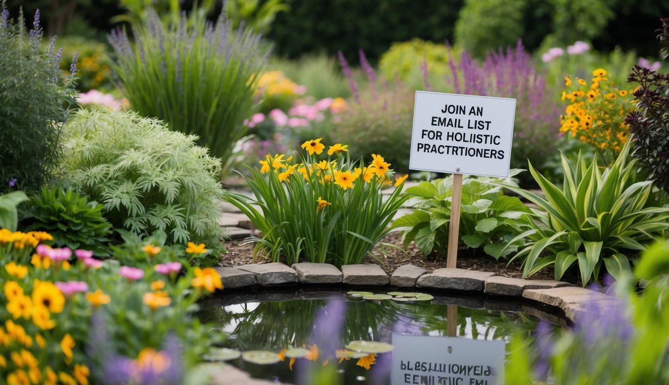 A serene garden with a variety of plants and flowers surrounding a peaceful pond, with a sign inviting visitors to join an email list for holistic practitioners