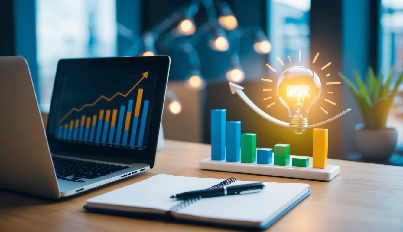 A desk with a laptop, notebook, and pen. A graph showing growth and success. A magnet attracting clients with a lightbulb symbolizing valuable offers