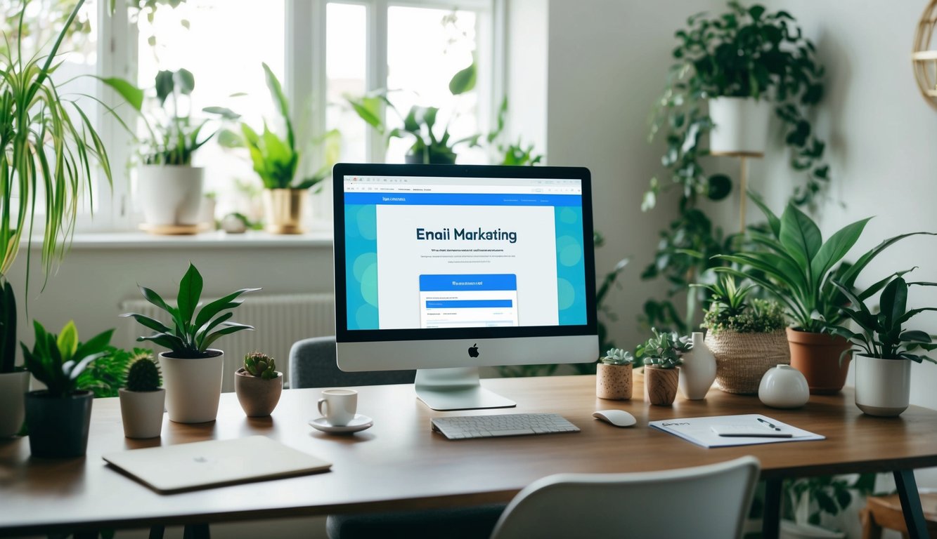 A holistic practitioner's office with a computer displaying an email marketing platform, surrounded by plants and calming decor