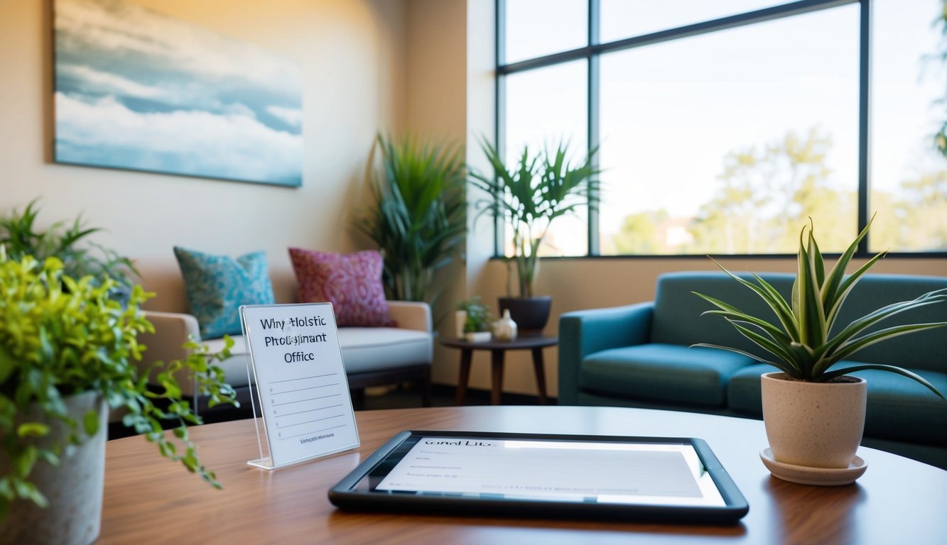 A holistic practitioner's office with a welcoming waiting area, plants, and calming decor. A sign-up sheet or tablet for email list opt-ins on a table