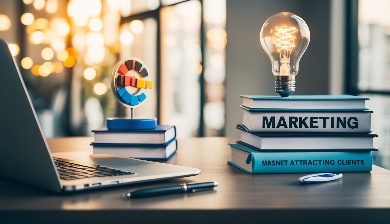 A desk with a laptop, notebook, and pen. A stack of books on marketing. A lightbulb overhead. A magnet attracting clients