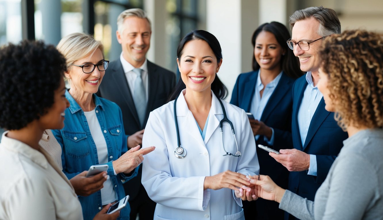 A holistic practitioner surrounded by a diverse group of people, engaging in conversations and exchanging contact information