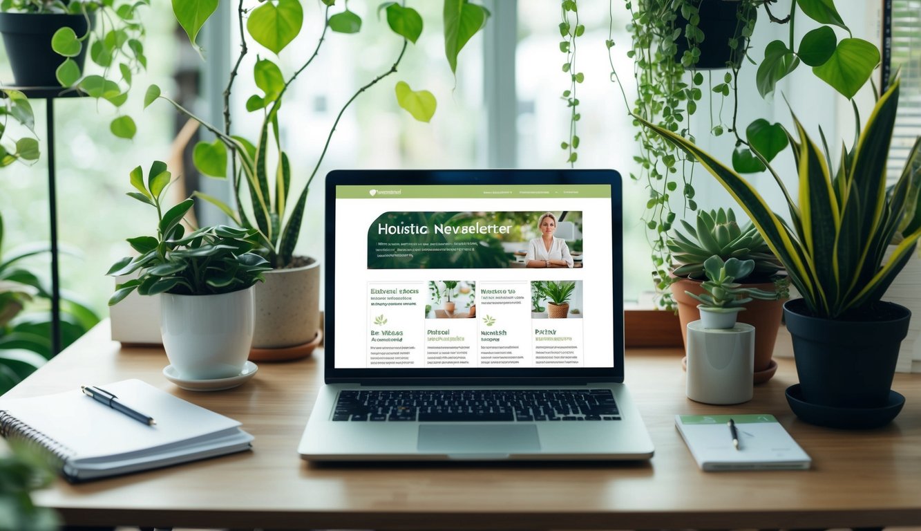 A peaceful, nature-inspired office setting with a desk adorned with plants, calming colors, and holistic imagery. A laptop displays a captivating newsletter design